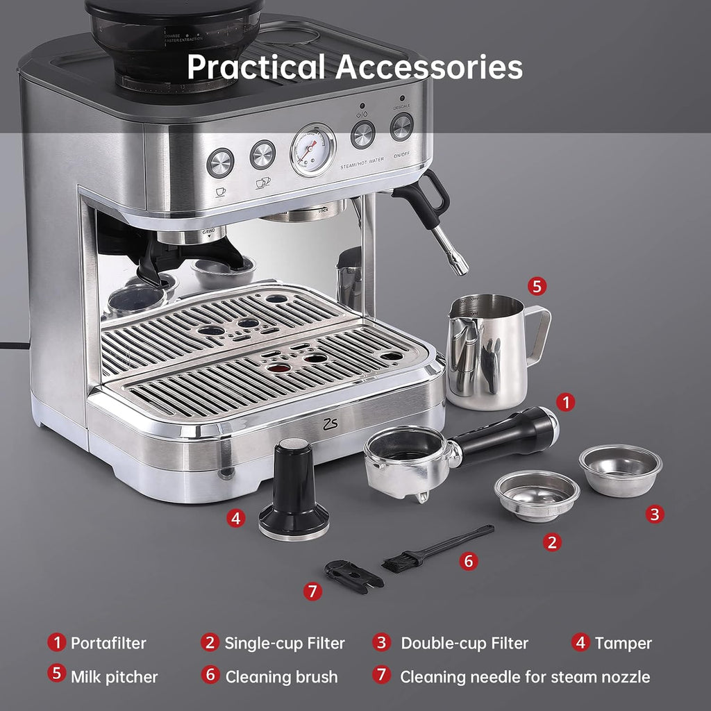 Garvee Espresso Machine with Milk Frother, All in One Cappuccino Latte Coffee Maker for Home Barista, Built-In Bean Grinder, 85 oz Removable Water Tank, Gifts for Dad Mom Coffee Lover