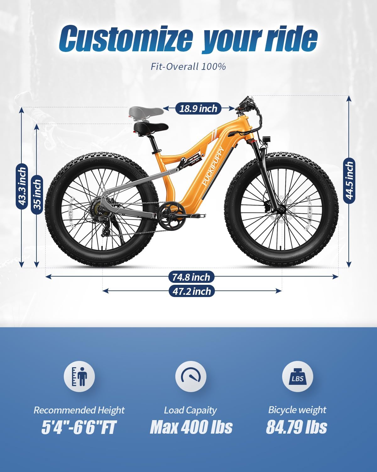 PUCKIPUPPY Electric Bike for Adults 1350W Peak, 28 MPH, 48V 20AH Battery Ebike, 26'x4' Fat Tire Full Suspension Electric Mountain Bike, 80 Miles Range, 8 Speed, Torque Sensor Labrador Pro