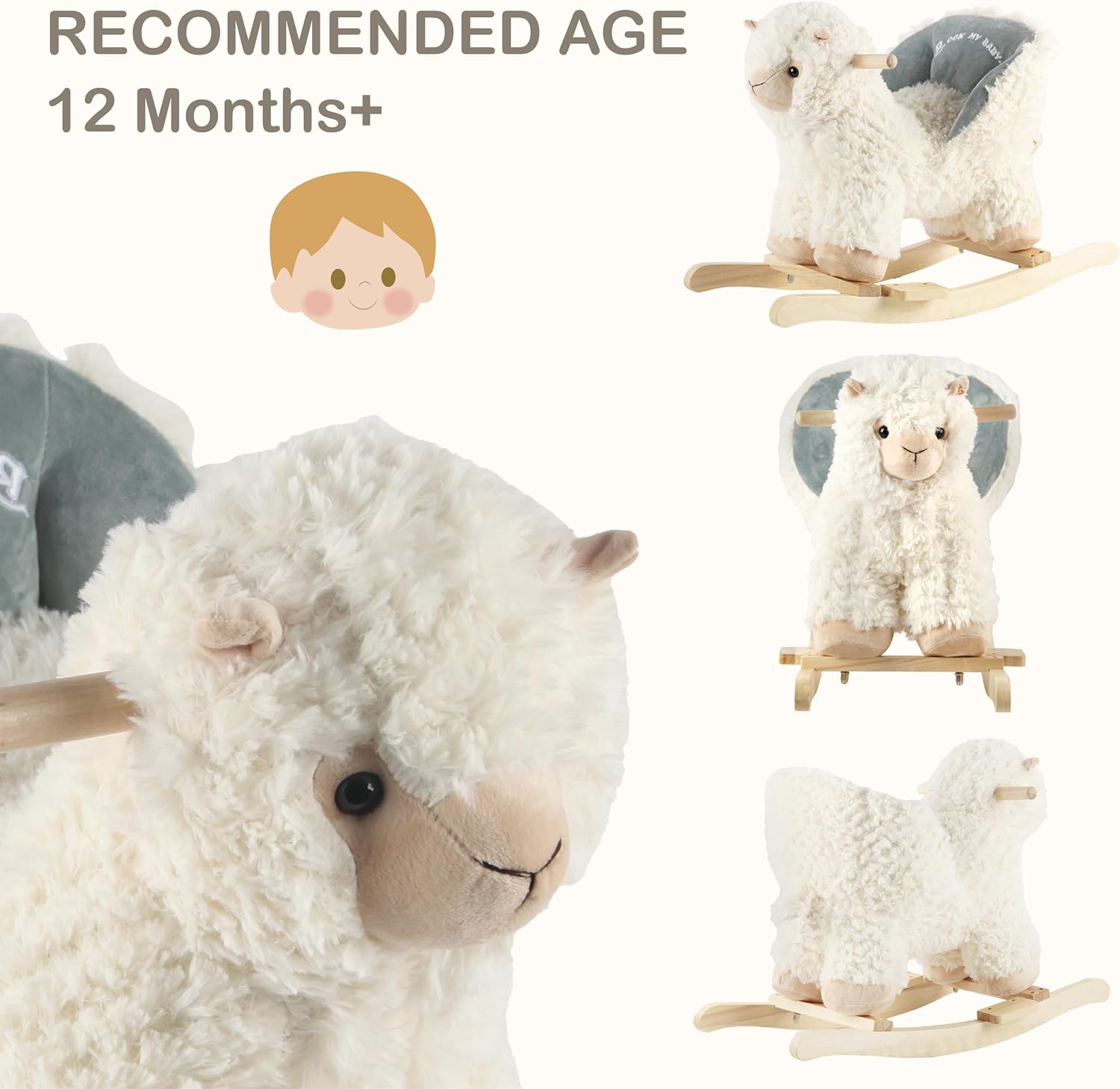 Rock My Baby Baby Rocking Horse Alpaca Llama with Chair, Plush Stuffed Animal Rocker for Toddlers 1-3, Wooden Rocking Toy Llama Animal, Cream Llama,CPC Certified