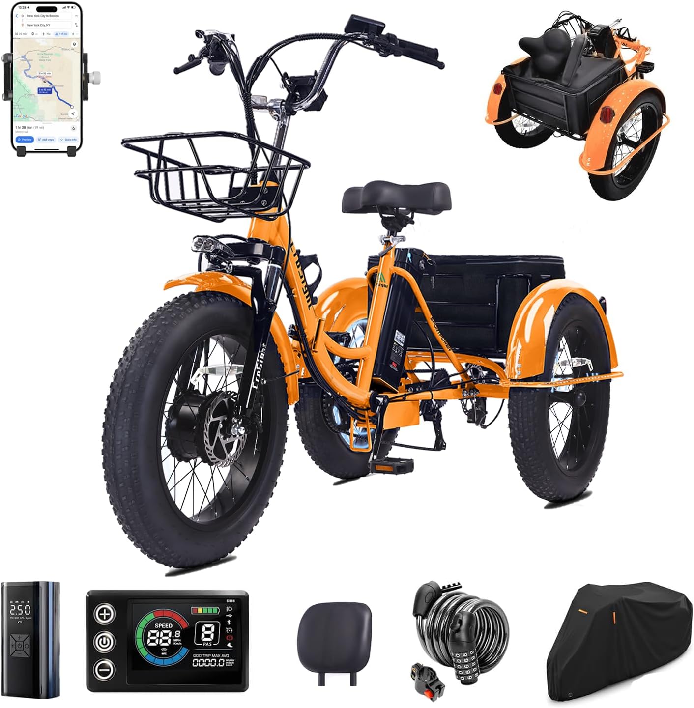 2.0 Electric Tricycle for Adults, 20'x4' Fat Tire Folding Electric Trike, 750W 48V 20.8Ah Long-Range Battery, Built-in Speaker, USB Port, 20MPH 75KM 7 Speed, 3 Wheel E-Trike