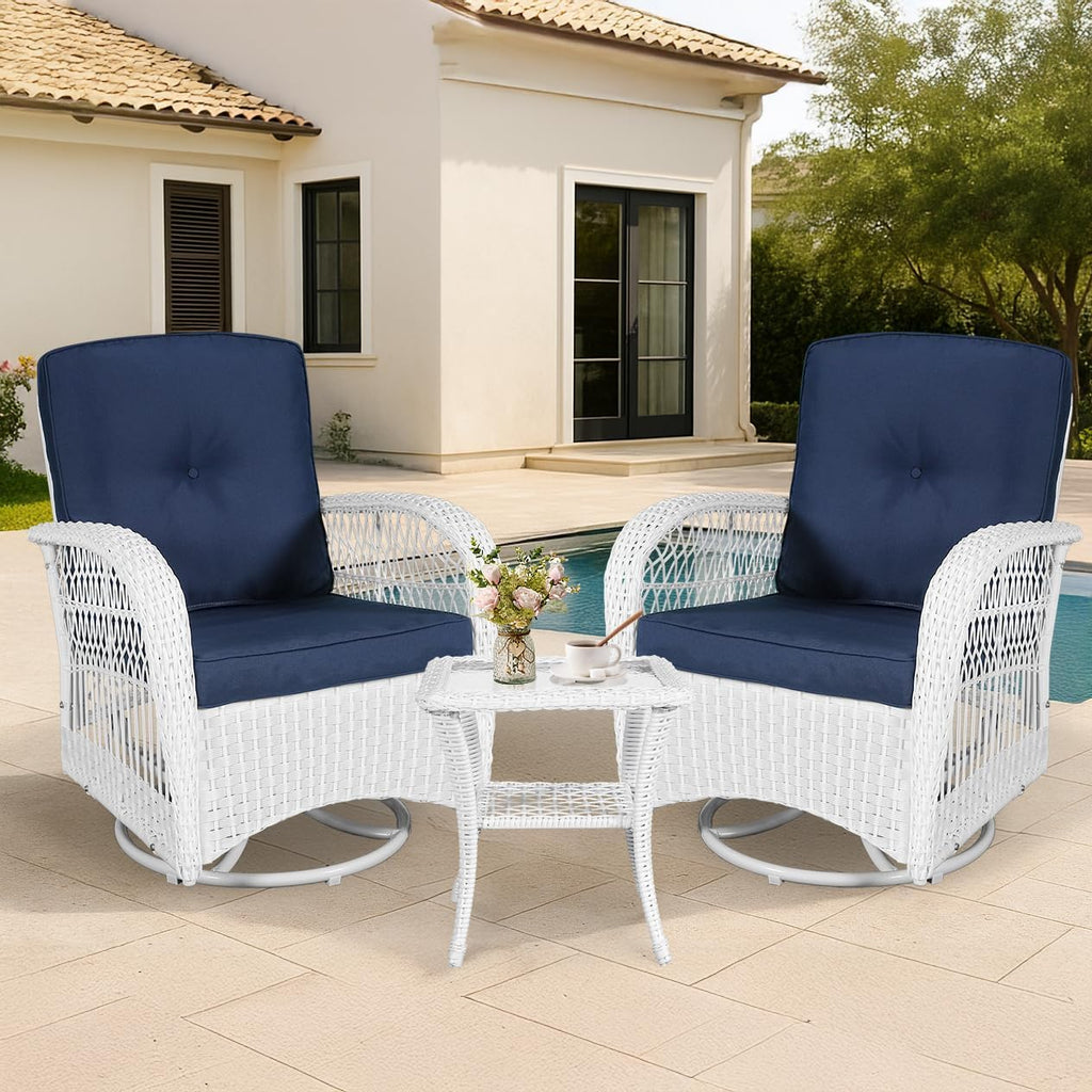 VIVIJASON 3-Piece Outdoor Conversation Bistro Set, Patio Swivel Glider Rocking Chairs Rattan Furniture Sets w/ 2 White Rattan Chairs, Glass Top Side Table for Porch Backyard, Navy Blue Cushions