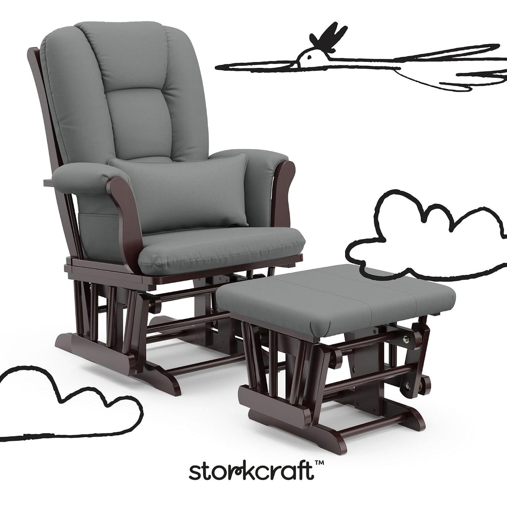 Storkcraft Tuscany Custom Glider and Ottoman with Free Lumbar Pillow (Espresso/Grey) - Cleanable Upholstered Comfort Rocking Nursery Chair with Ottoman