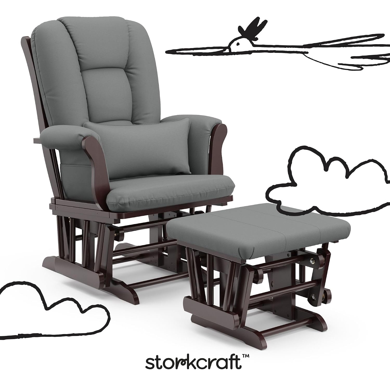 Storkcraft Tuscany Custom Glider and Ottoman with Free Lumbar Pillow (Espresso/Grey) - Cleanable Upholstered Comfort Rocking Nursery Chair with Ottoman