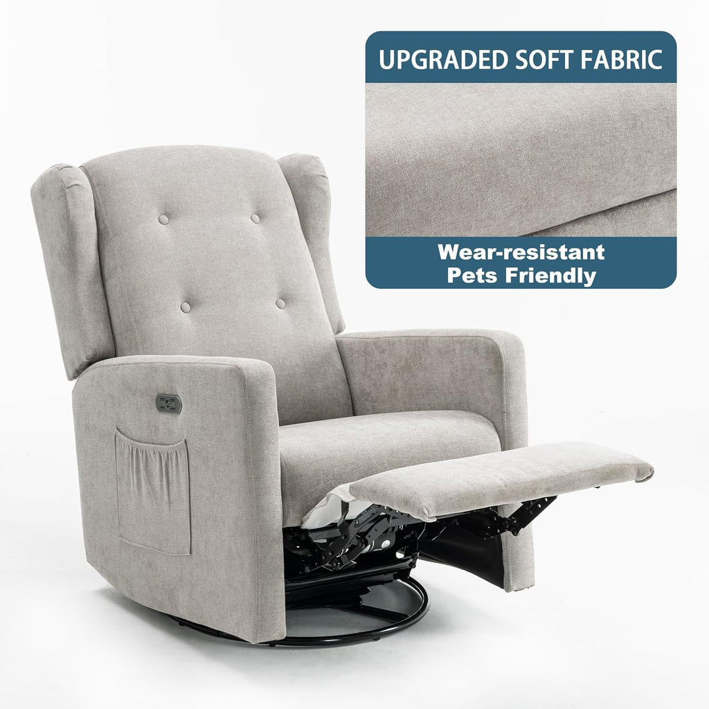 Ketaiyou Power Swivel Rocking Recliner Chair, High Back Electric Rocker Nursery Glider Chair, USB and Type-C Ports, Upholstered Fabric Reclining Single Sofa Chair for Living Room (Grey)