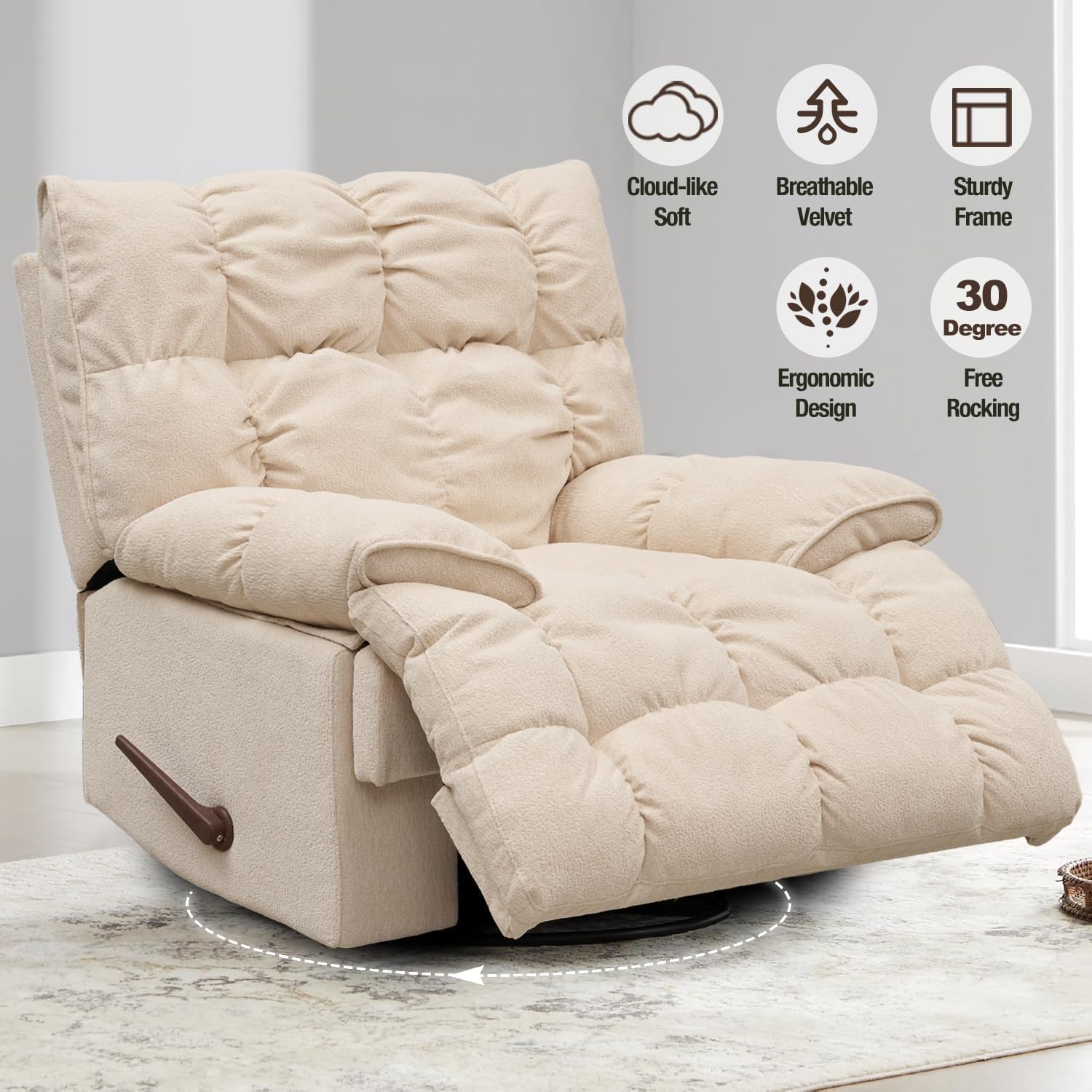 SITJOY Oversized Power Swivel Rocker Recliner Chair, Overstuffed Extra Wide Rocking Chair for Big and Tall, Glider Recliner Nursery Chair, Soft Breathable Fabric in Beige, Manual
