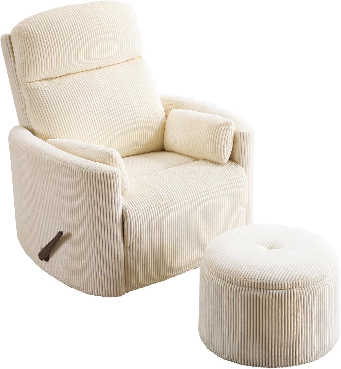 Oversized Swivel Rocker Recliner Chair with Massage and Heat, Manual Swivel Glider Rocker Recliner with 2 Pillows, Rocking Nursery Chair with Storage Ottoman, Adjustable Headrest,Corduroy Beige