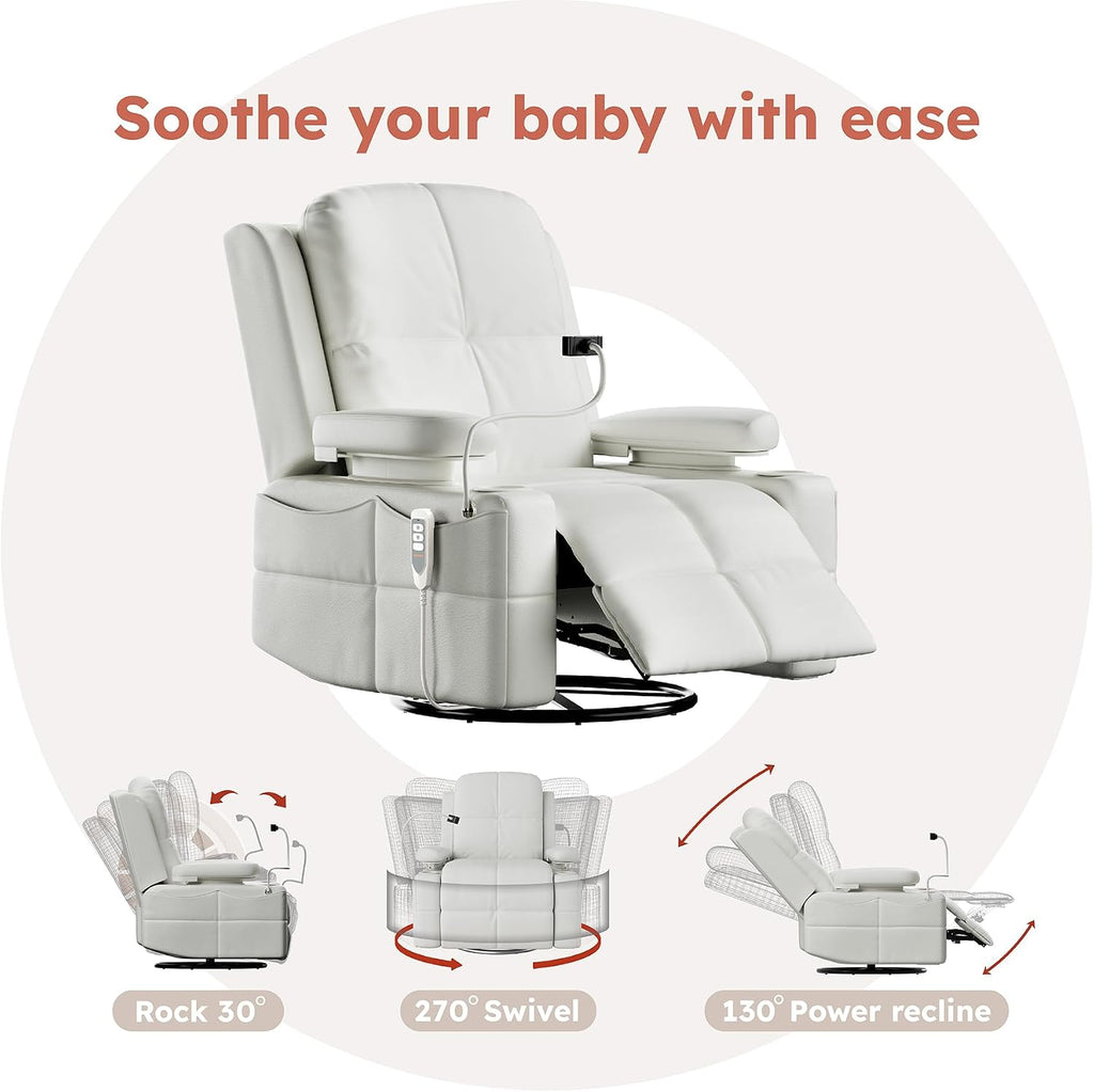 MAMAZING Lullapod Power Nursery Recliner Rocking Chair, Triple Motor Power Recliner with HugAssist Armrest, 270° Swivel Glider and Quiet Rocking Chair Nursery with Dual Charging Port and Storage