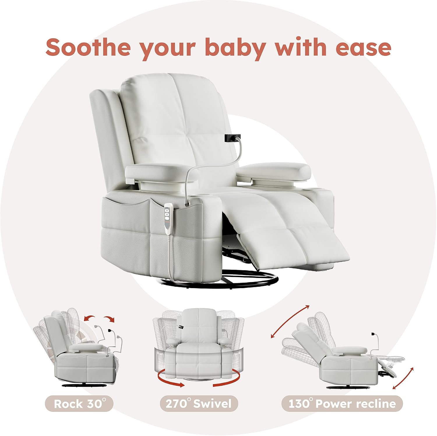 MAMAZING Lullapod Power Nursery Recliner Rocking Chair, Triple Motor Power Recliner with HugAssist Armrest, 270° Swivel Glider and Quiet Rocking Chair Nursery with Dual Charging Port and Storage