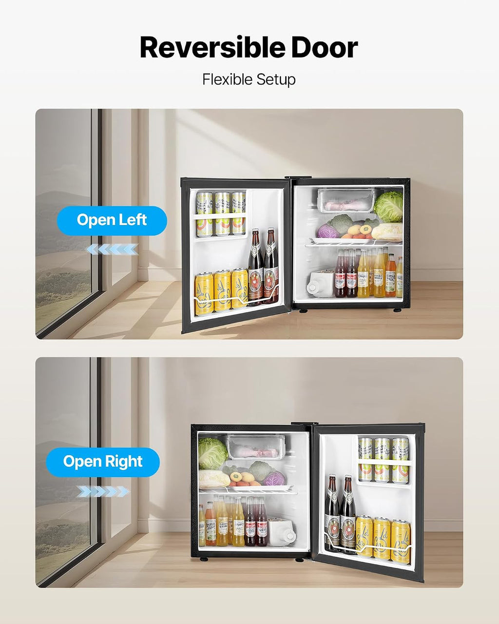 VEVOR Mini Fridge with Freezer, 1.6 Cu.Ft Compact Refrigerator w/Micron Freezer Zone, 7-Modes Adjust Temp, Energy Efficient Small Fridges, Reversible Door, Low Noise, for Bedroom Dorm Office, Black