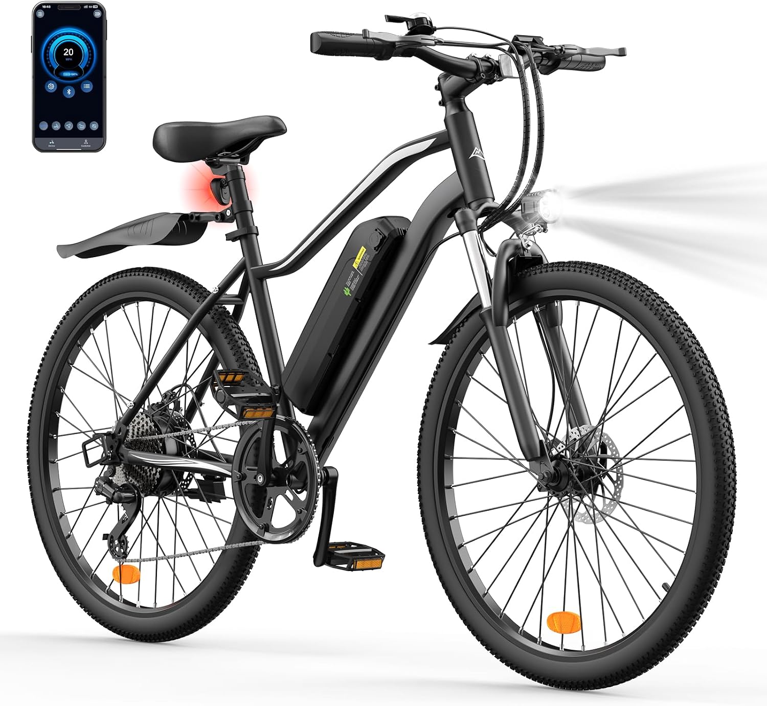 Electric Bike, 1500W/1000W/750W Peak Motor, 80/70/55 Miles Range & 20MPH Speed, 26'' Tires, APP Control E Bike, Shock Absorber, Adjustable Seat, Commuting Electric Bike for Adults