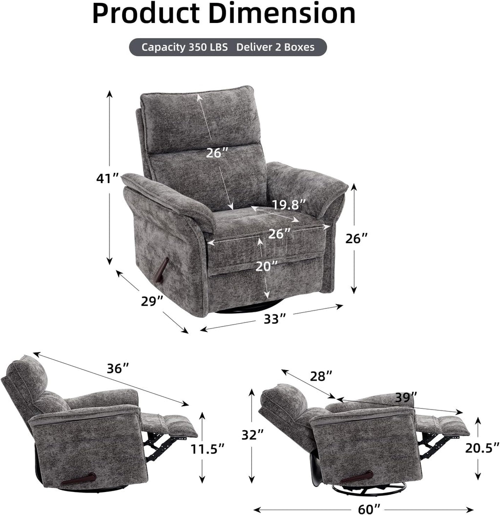 Oversized Glider Rocker Recliner, 26' Extra Wide 360° Swivel Nursery Recliner with Adjustable Headrest, Chenille Rocking Nursery Chair with Overstuffed Armrest, Lumbar Support, Dark Grey