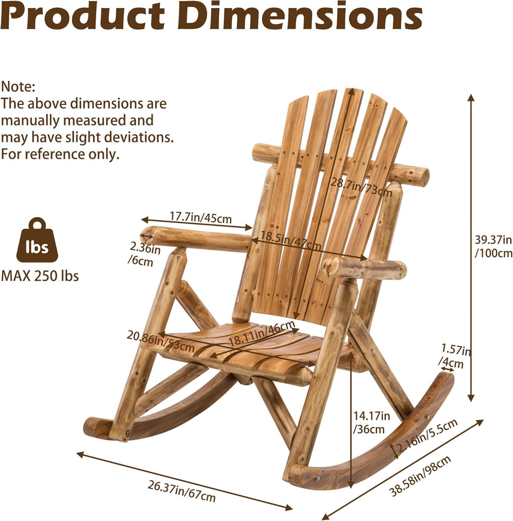DJL Wooden Rocking Chair Log Outdoor Rocker Outside Patio Lawn Furniture Living Room Porch Comfy Beach Balcony, Heavy Duty, Lightly Toasted