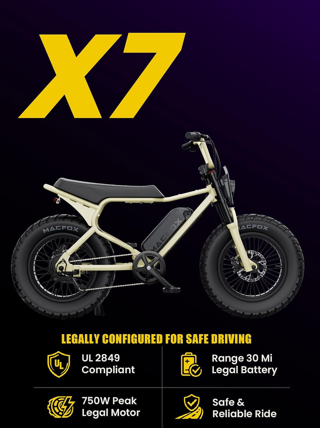MACFOX X7 Electric Bike for Adults, 750W EBike with Hydraulic Brakes, 48V 13Ah Removable Battery 30 Mile Range, Upgraded 20x5.0 Rear Fat Tire for School/City/Town Commuting (UL2849 & Class-2)