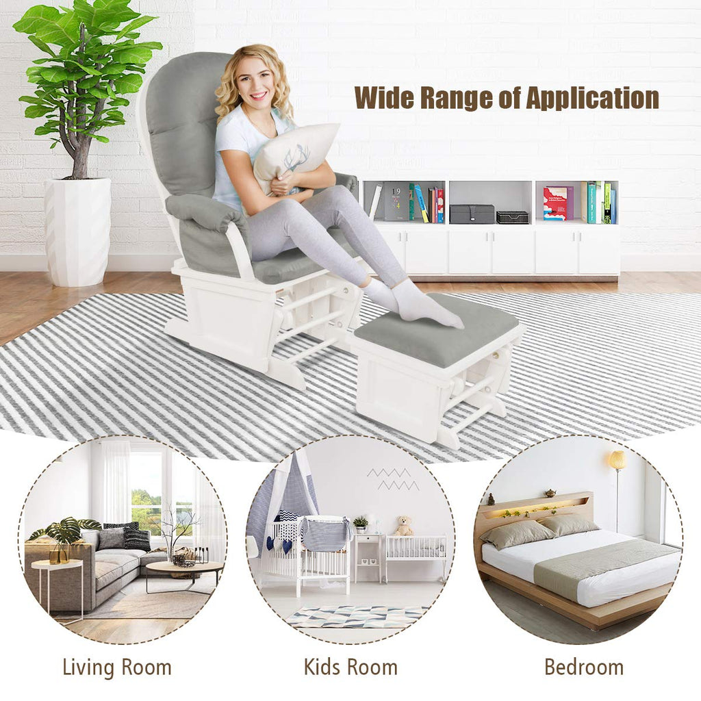 Costzon Baby Glider and Ottoman Cushion Set, Wood Baby Rocker Nursery Furniture for Napping, Nursing, Reading, Upholstered Comfort Nursery Chair w/Padded Armrests & Detachable Cushion (Light Grey)