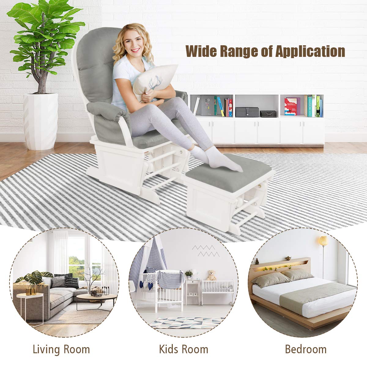 Costzon Baby Glider and Ottoman Cushion Set, Wood Baby Rocker Nursery Furniture for Napping, Nursing, Reading, Upholstered Comfort Nursery Chair w/Padded Armrests & Detachable Cushion (Light Grey)