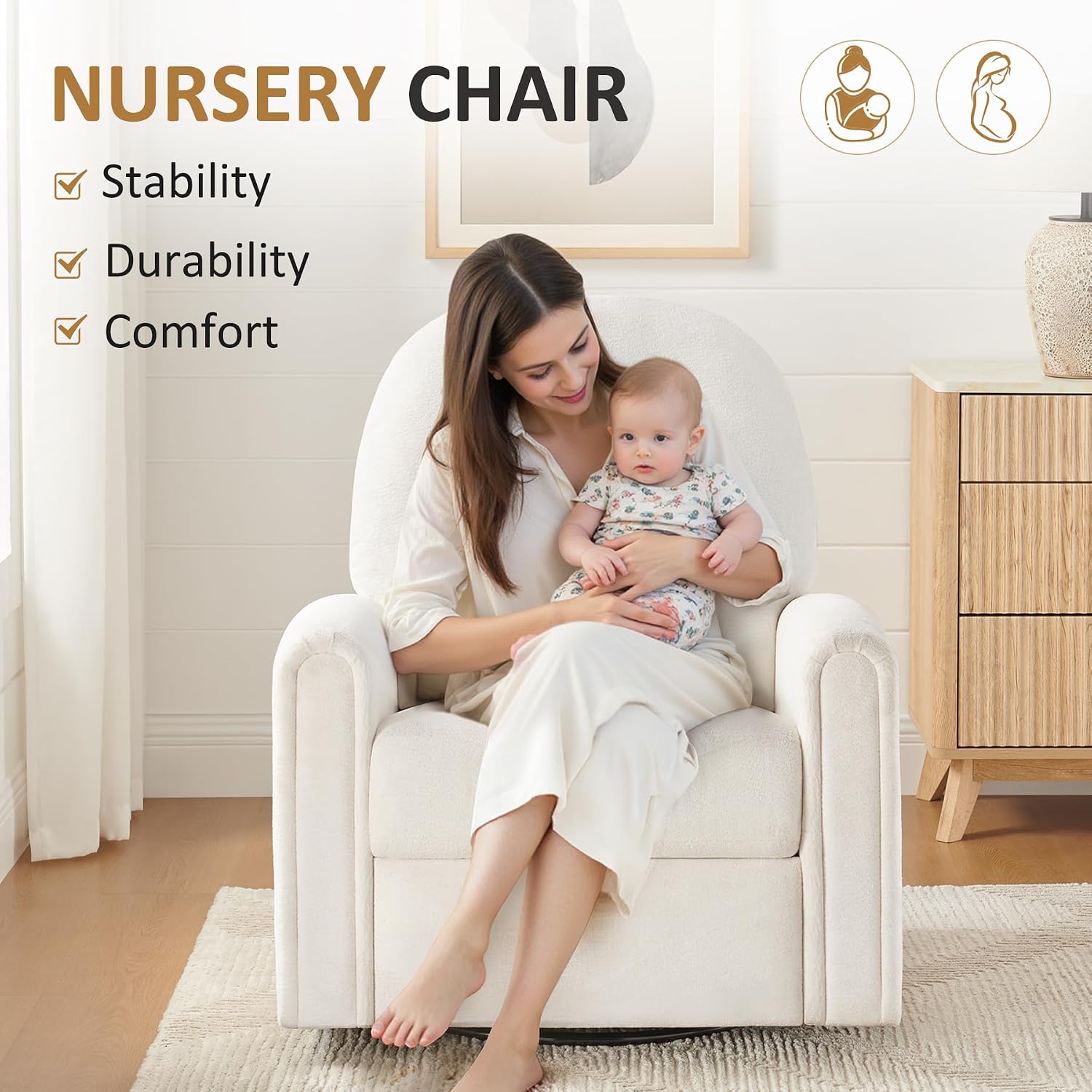 VANOMi 360 Swivel Rocker Recliner Chair, Nursery Rocking Chair with Tufted Backrest, Manual Recliner Chairs for Small Spaces, Upholstered Glider Nursing Chair for Living Room, Bedroom (White)