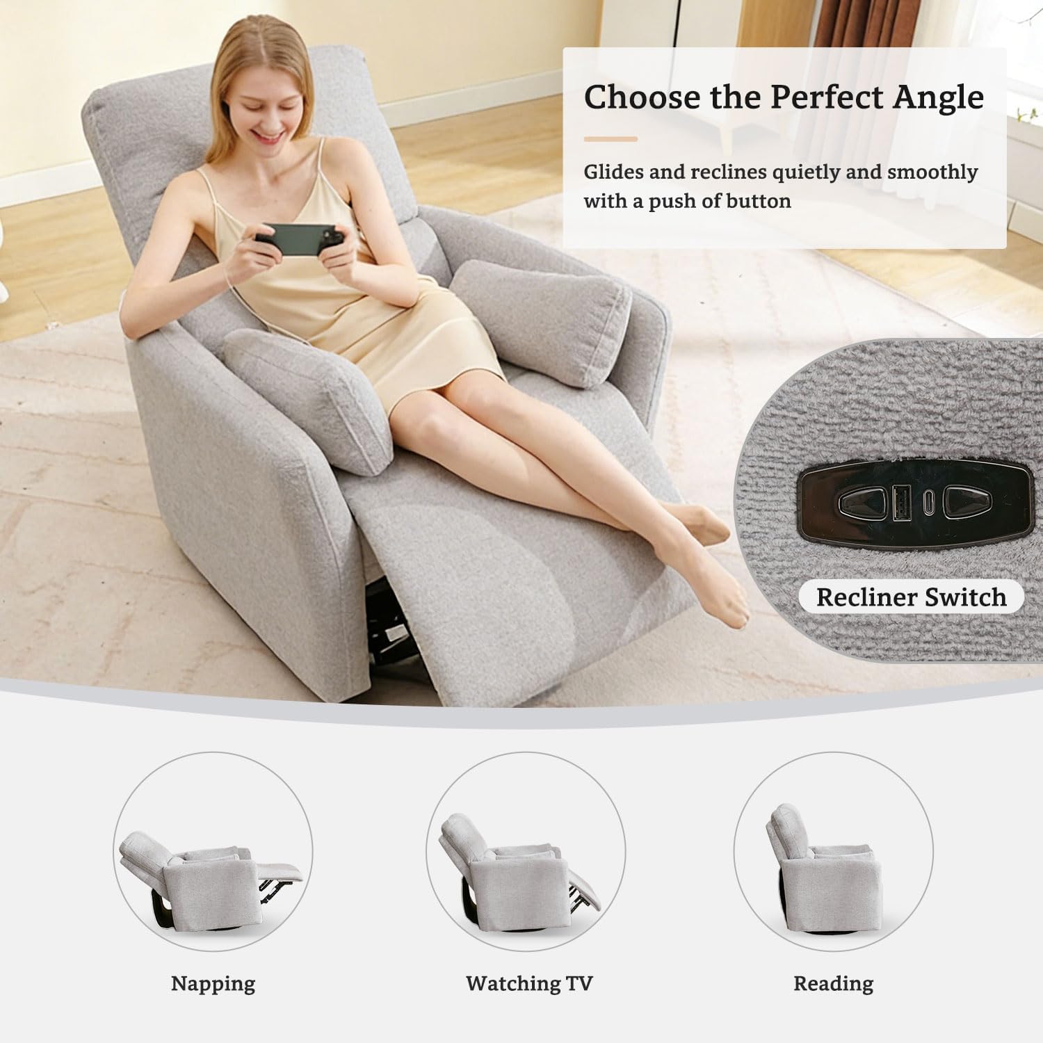 Oversized Power Swivel Rocker Recliner Glider Nursery Chair Large Rocking Recliner for Adults with USB,Type-C Ports,2 Pillows Electric Rocking Reclining Chairs for Living Room,Bedroom,Suede,Gray