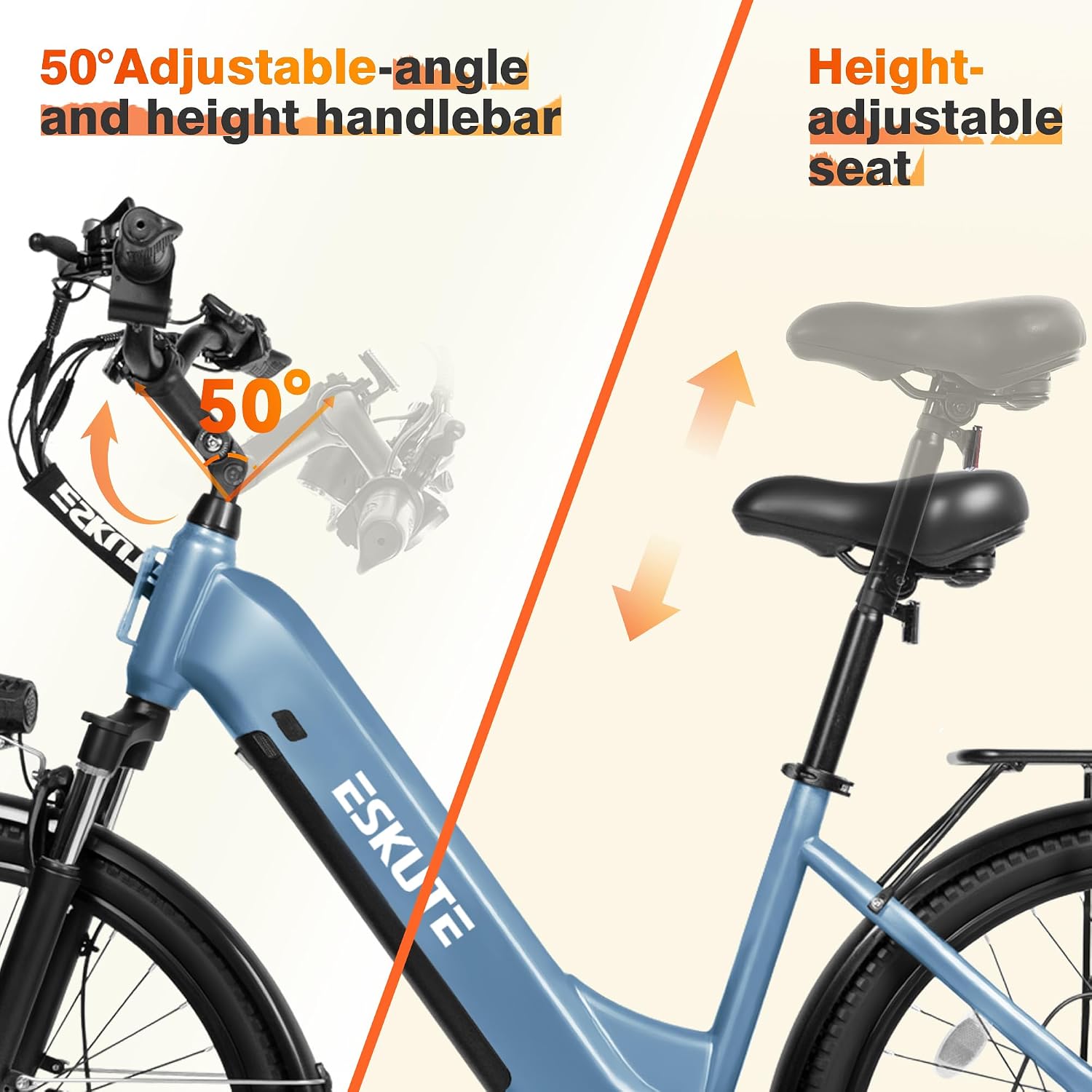 ESKUTE Electric Bike for Adults-1300w Peak Ebike, 28MPH Step Thru Electric Bicycle，70Miles 840 WH Removable Battery e-Bike, 7-Speed 26'' tire, Adjustable Stem,
