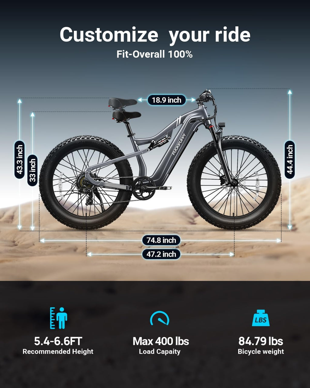 PUCKIPUPPY Electric Bike for Adults 1350W Peak, 28 MPH, 48V 20AH Battery Ebike, 26'x4' Fat Tire Full Suspension Electric Mountain Bike, 80 Miles Range, 8 Speed, Torque Sensor Labrador Pro