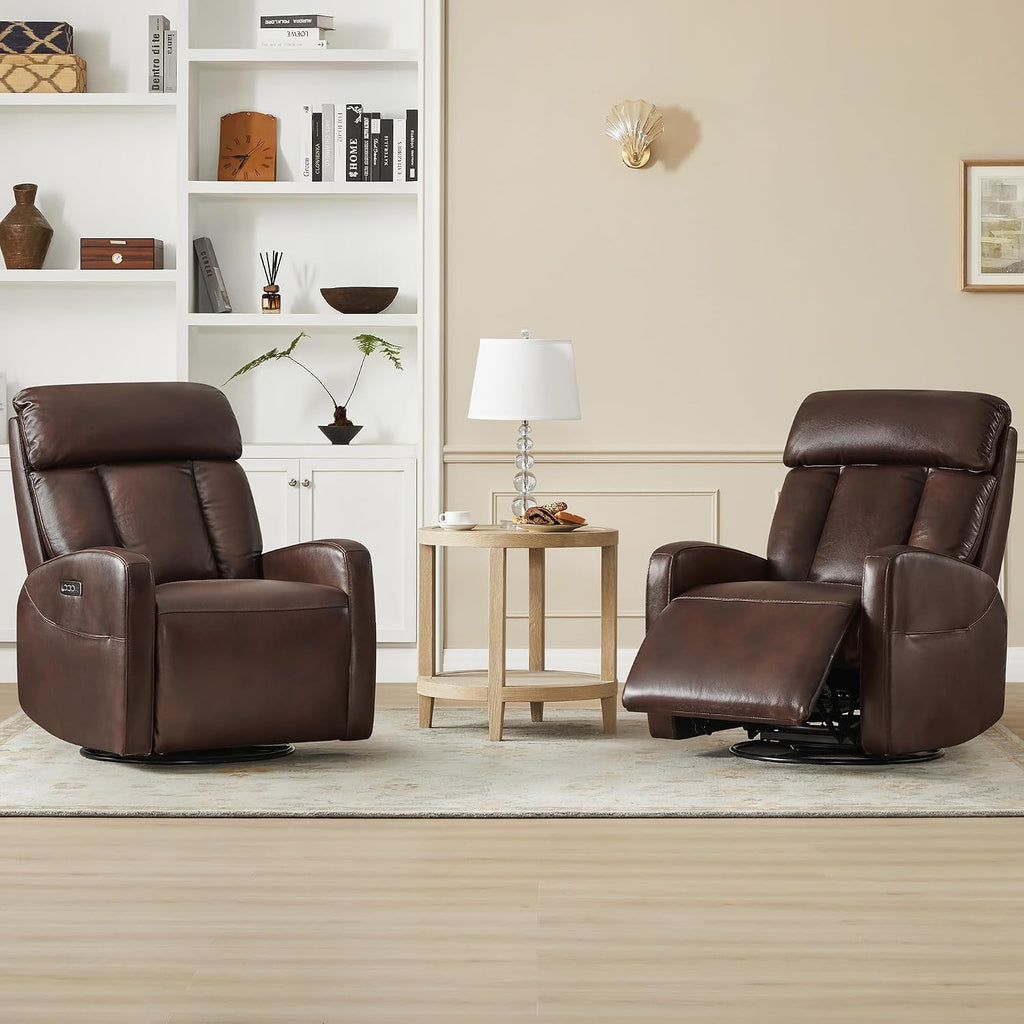CHITA Leather Power Swivel Recliner Chair for Adults, Triple Motor Electric Rocker Recliner for Living Room with Adjustable Headrest and Lumbar Support, USB & Type-C Charging Ports, Cognac Brown