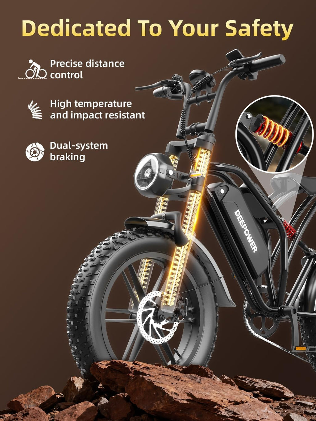 DEEPOWER Electric Bike for Adults,1500W Peak 20' Fat Tire EBike, Up to 32+MPH,60+Miles Max Range, Electric Dirt Bike for Road Sand Mountain Snow - 48V 13AH Battery Powered Electric Motorcycle