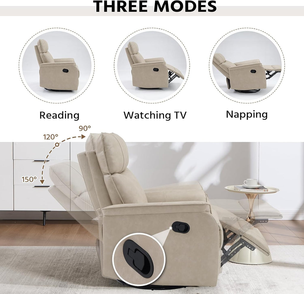 HAOMARKETS Swivel Rocker Recliner Chair, Manual Faux Leather Glider Rocking Recliners for Adults, 360° Swivel Nursery Reclining Sofa with Padded Backrest for Living Room, Beige