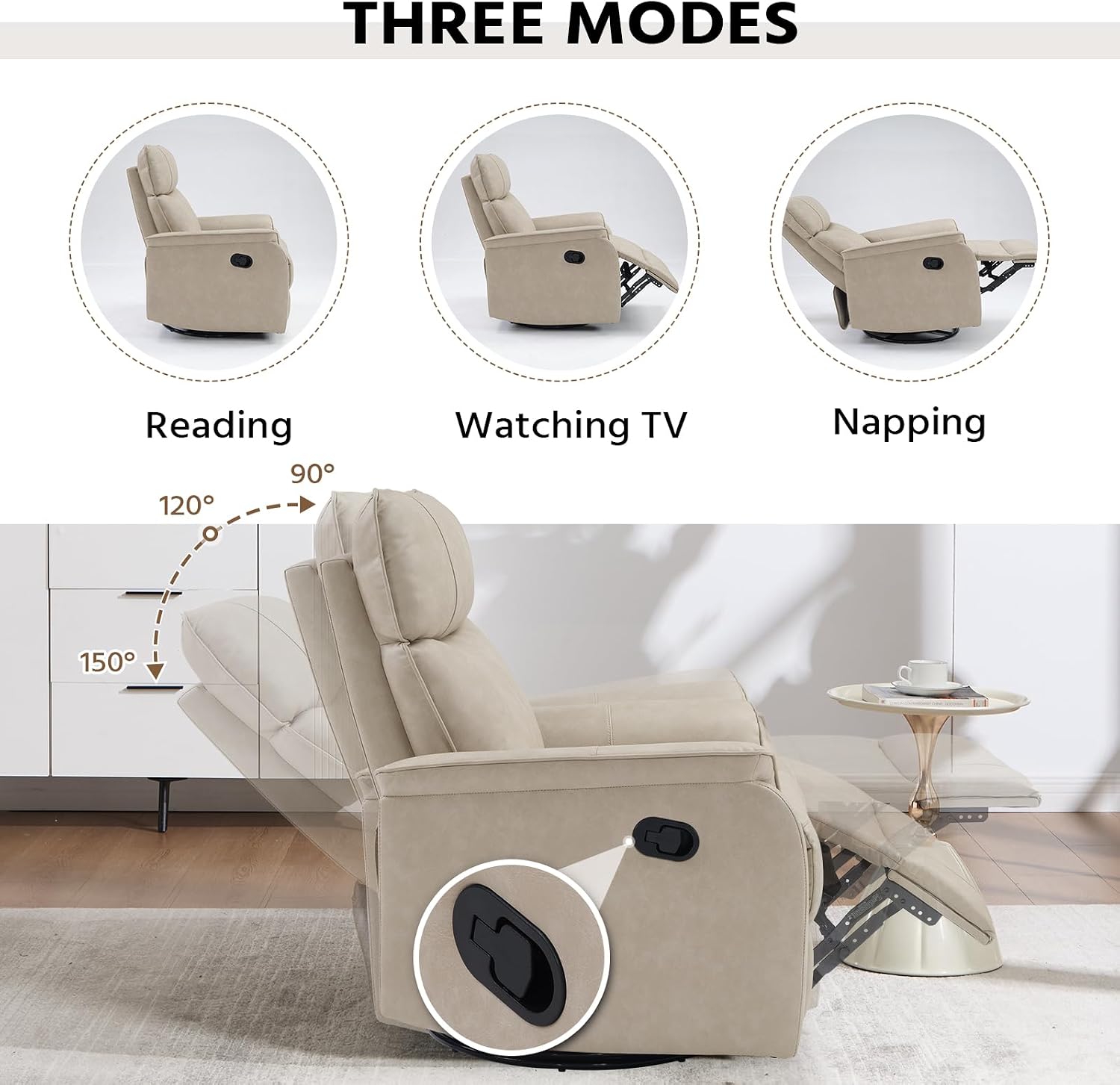 HAOMARKETS Swivel Rocker Recliner Chair, Manual Faux Leather Glider Rocking Recliners for Adults, 360° Swivel Nursery Reclining Sofa with Padded Backrest for Living Room, Beige