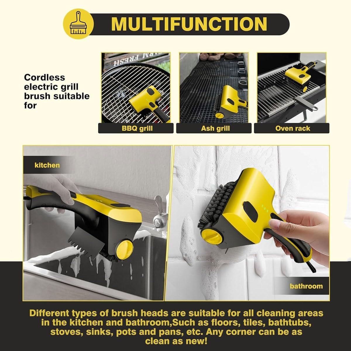 Electric Grill Brush, Grill Cleaner with 2 Brushs,360° Rotating Cleaner Brush,Cordless Electric Grill Cleaning Scrub Brush,for Grill,Kitchen Room, Bathroom