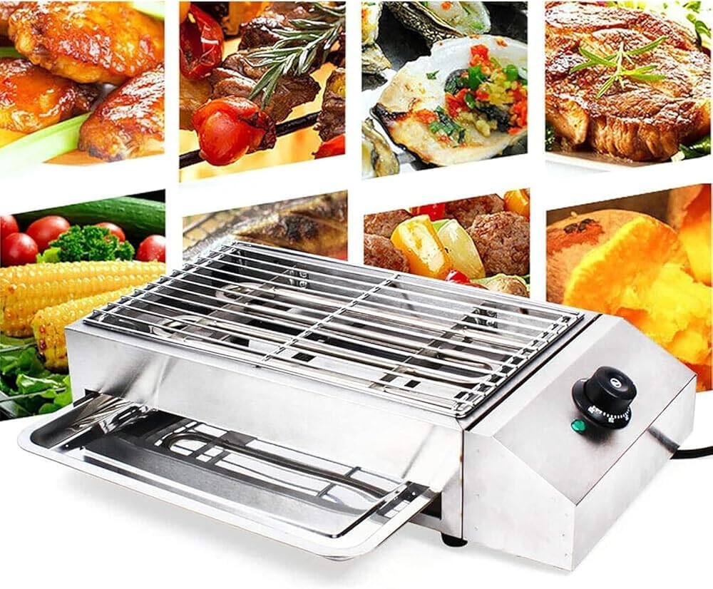 Portable Smokeless BBQ Grill Kebab Machine, 1800W Electric BBQ, Stainless Steel Barbecue Grill, Nonstick Coating, Temperature Control for Indoor Outdoor Picnic