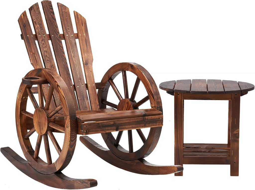 AHB Outdoor Wooden Rocking Chairs Set, Wagon Wheel Armrest Yard Glider Patio Chair with Small Table for Coffee Break, Adirondack Rocking Chair for Summer Lawn Garden Balcony, Brown (2 PCS)