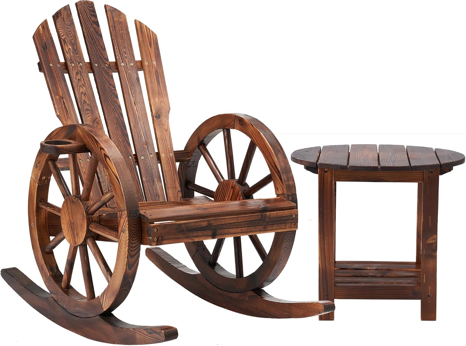 AHB Outdoor Wooden Rocking Chairs Set, Wagon Wheel Armrest Yard Glider Patio Chair with Small Table for Coffee Break, Adirondack Rocking Chair for Summer Lawn Garden Balcony, Brown (2 PCS)