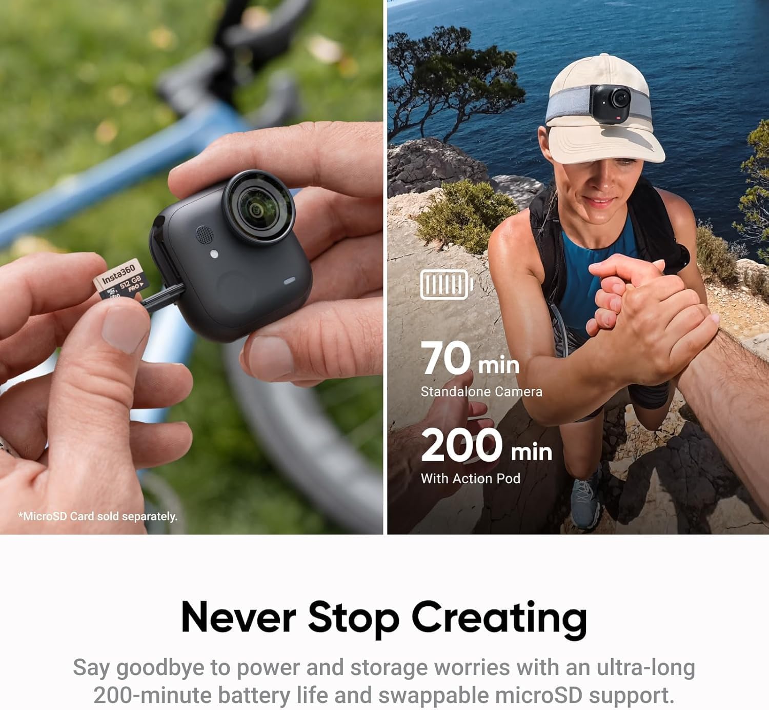 Insta360 GO Ultra Creator Bundle Midnight Black - Tiny Mighty Hands-Free 4K Cam, Lightweight, Low Light Excellence, Mount Anywhere, FlowState Stabilization, 200 Min Battery Life