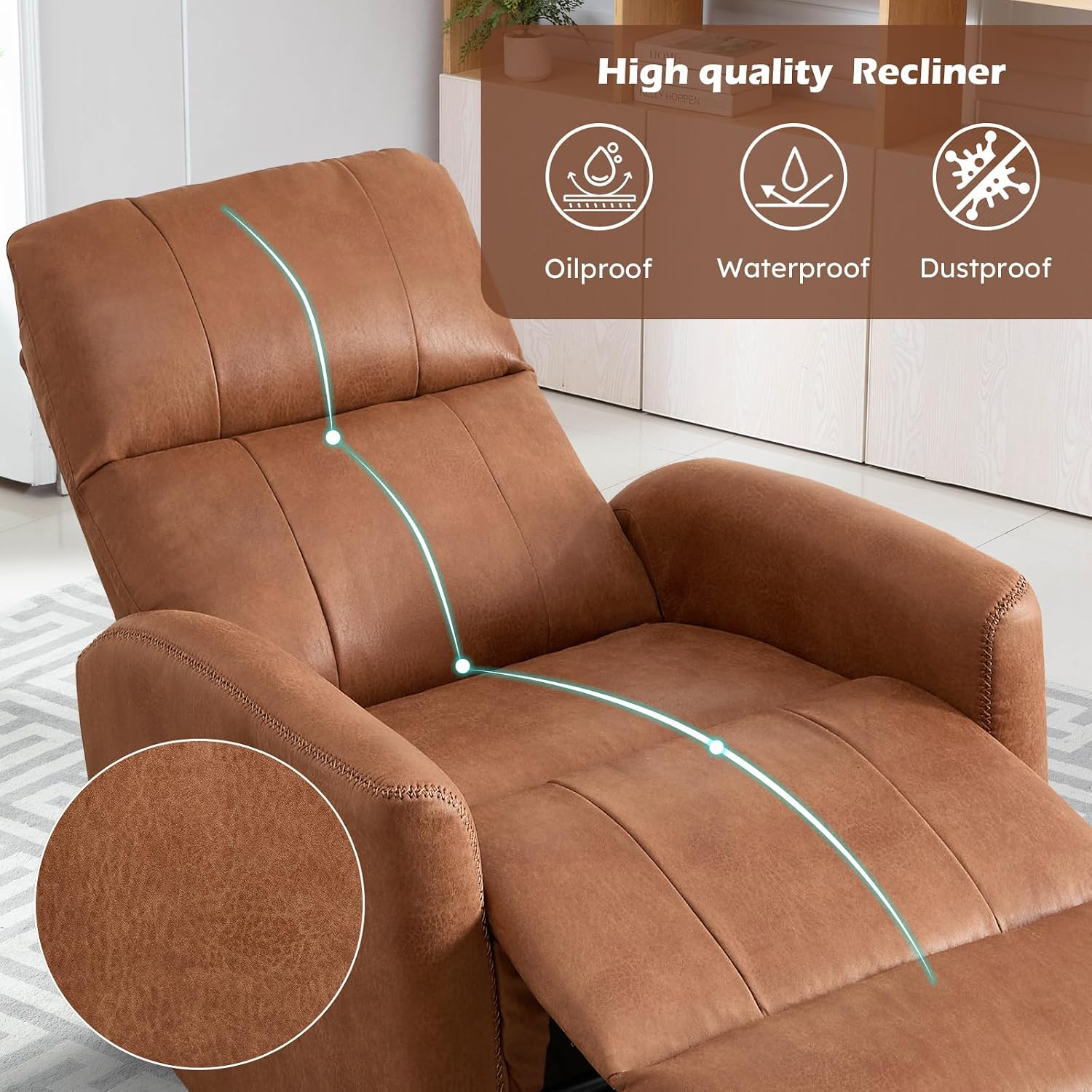 ANJ Manual Swivel Rocker Recliner, Glider Recliners with Padded Armrest and Backrest, Soft Leather Nursery Rocking Recliner Chair Reclining Sofa for Living Room