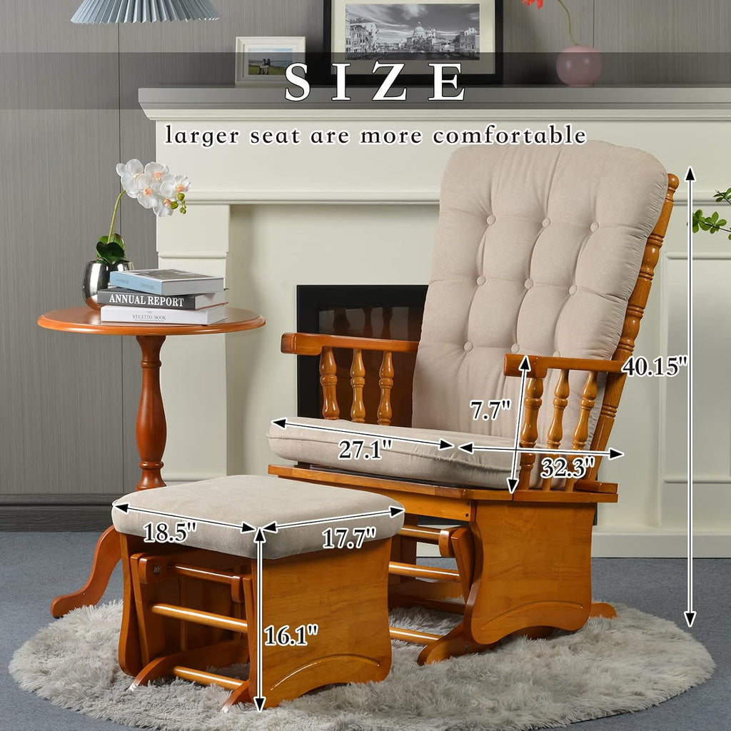 Rustic Nursery Glider Chair with Ottoman, Rubber Wood Glider Rocking Chair Set, Silent Bearings & Anti-Pinch Design, High Density Foam Cushion for Living Room Bedroom Nursing, Honey Wood Finish
