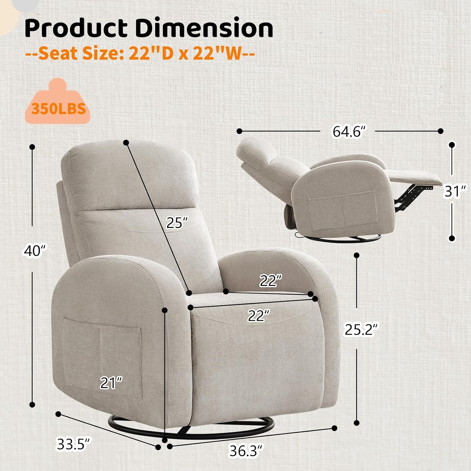 Swivel Rocker Recliner Chair, Rocking Recliner for Nursery with Side Pockets, Manual Swivel Reclining Nursery Glider Chair for Breastfeeding Living Room, Camel Chenille