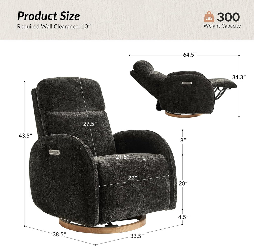 HULALA HOME Glider Recliner Nursery Chair with Adjustable Headrest and Lumbar Support, Modern Power Recliner with USB Port and Nightlight, Swivel Rocker Glider for Nursing Room Bedroom, Black