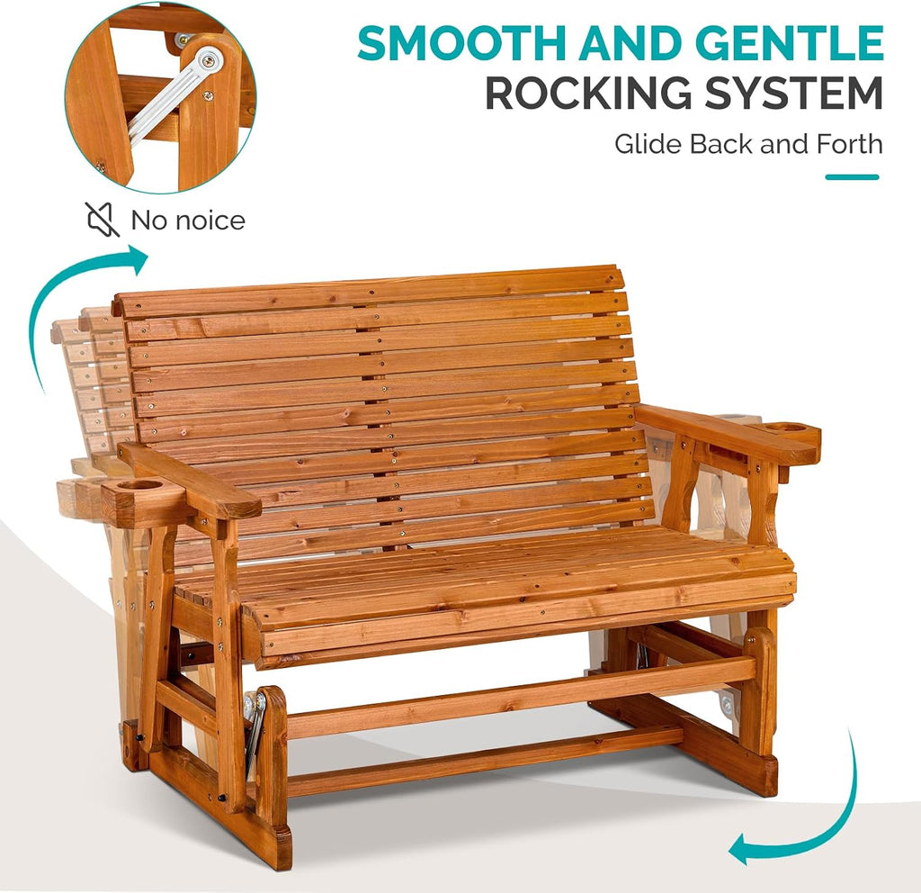 VINGLI Wooden Patio Glider, Heavy Duty 800 LBS Outdoor Glider with Cup Holders, 4 FT Wooden Glider Bench with High Backrest for Garden, Yard, Patio, Teak