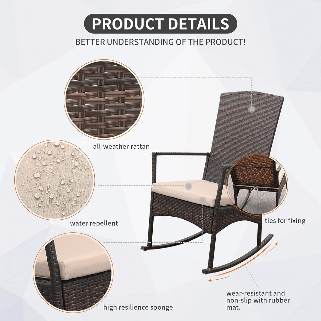 Outdoor HDPE Wicker Rocking Chair 3-Piece Patio Rattan Bistro Set 2 Rocker Armchair and Glass Coffee Side Table Furniture Washable Lacing Cushions, Khaki