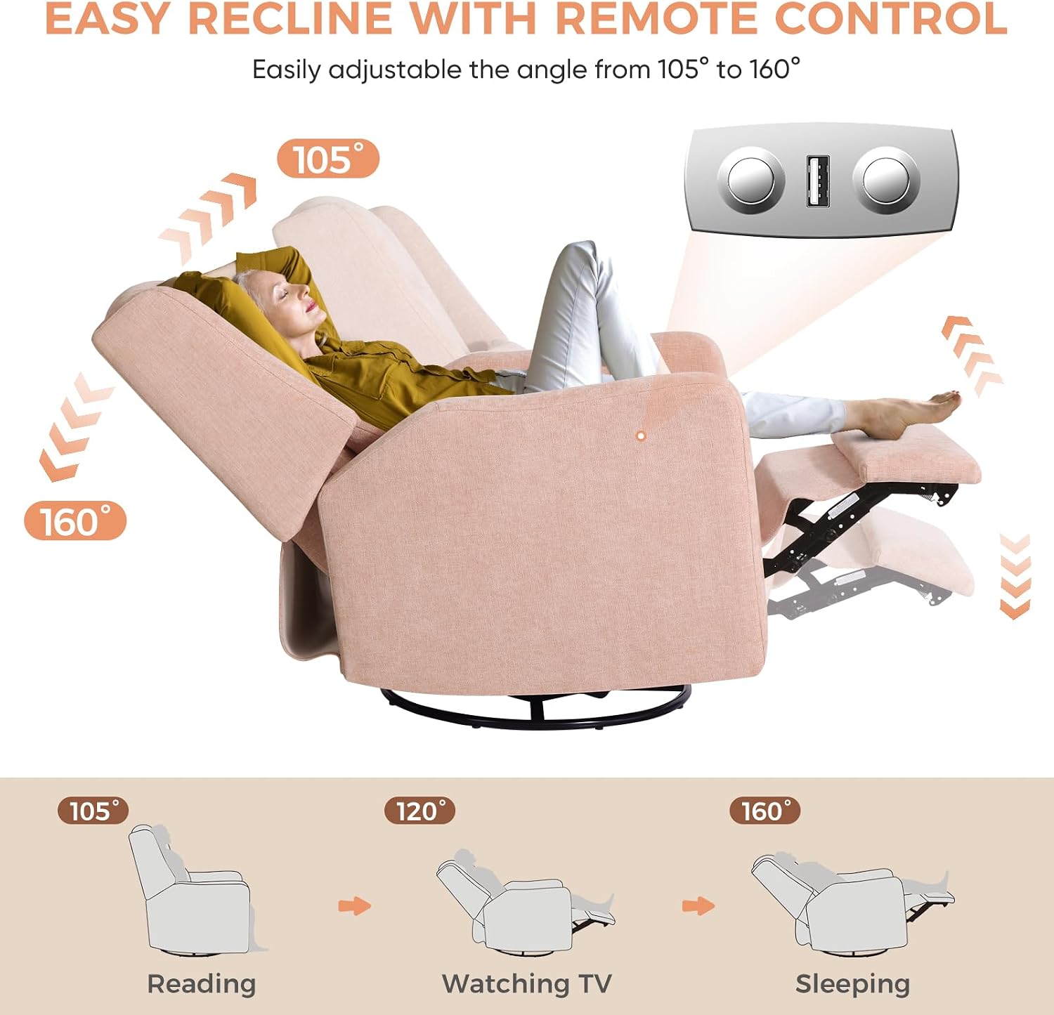 Power Recliner Chair Swivel Glider, Large Nursery Glider w/USB Charging Port, Chenille Upholstered Rocker Recliner for Bedroom,Nursery,Living Room,1PC,Coral Pink