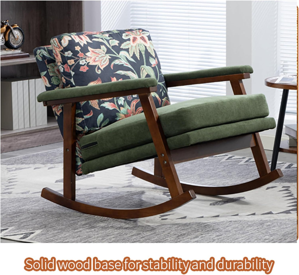 Nursery Rocking Chair Velvet Upholstered Accent Rocker Chair with Flower Pattern Comfy Soft Rocker Glider Solid Rubber Wood Leg for Bedroom Living Room Nursing Room, Green