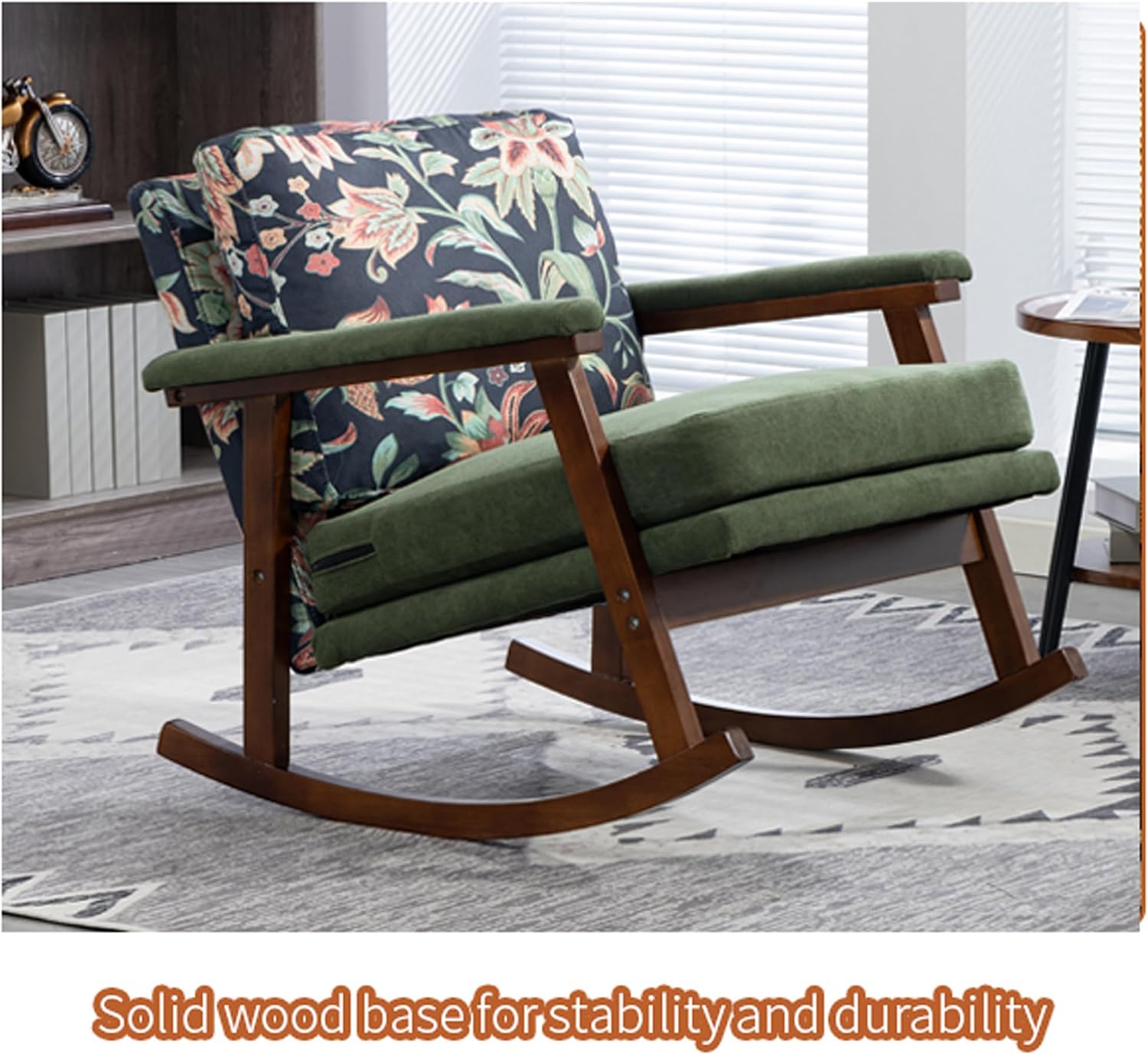 Nursery Rocking Chair Velvet Upholstered Accent Rocker Chair with Flower Pattern Comfy Soft Rocker Glider Solid Rubber Wood Leg for Bedroom Living Room Nursing Room, Green