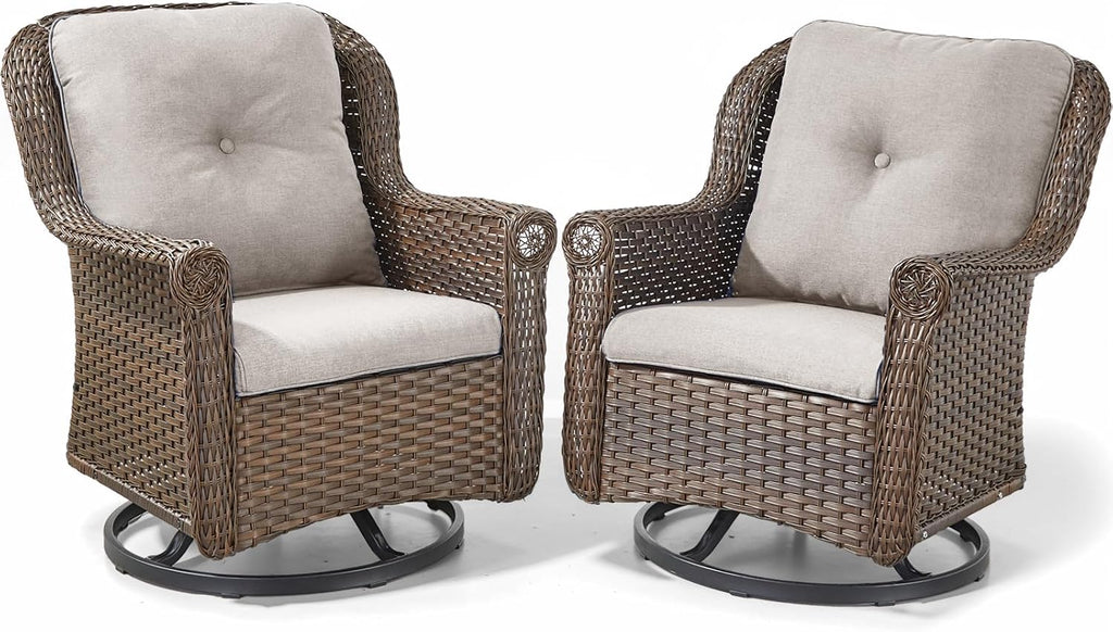 Patio Chairs Outdoor Swivel Glider - Set of 2 High Back Outside Brown Wicker Rattan Rocking Chair with Thick Cushion for Porch Apartment Deck Yard Poolside Garden - Beige
