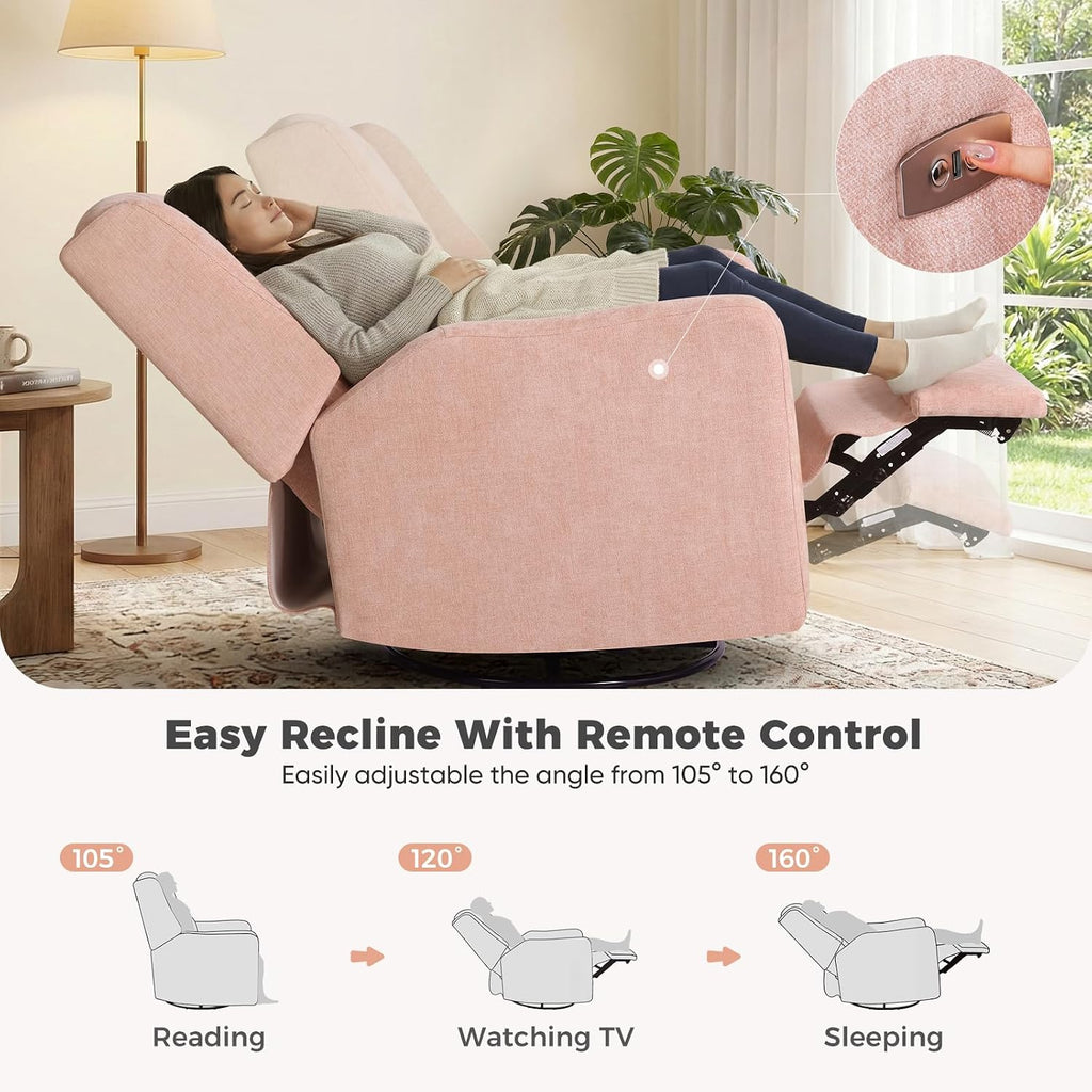 Power Glider Recliner Nursery Chair w/USB Ports, Soft Chenille Glider Rocking Chair for Nursery, Swivel Glider Chair with Lumbar Pillow for Living Room, Pink