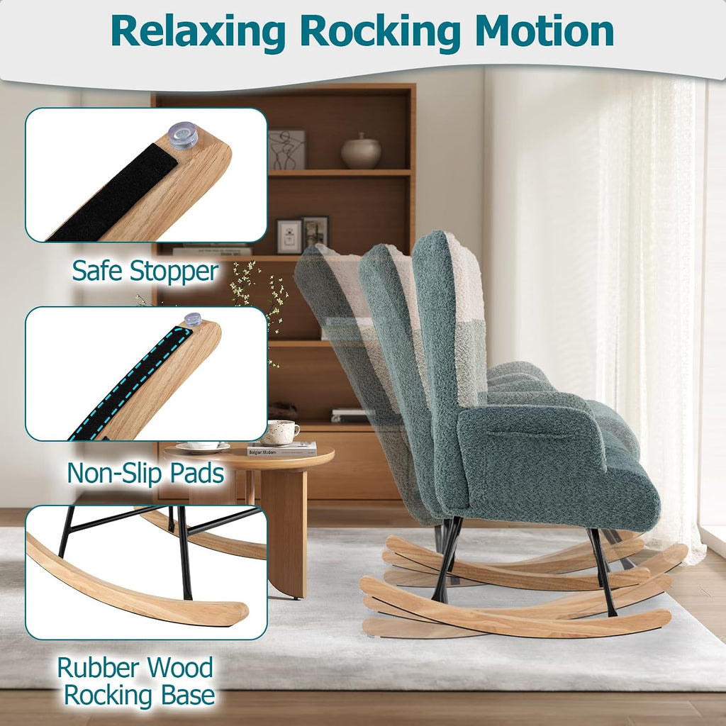 Moccha Nursery Rocking Chair, Teddy Upholstered Glider Rocker with High Backrest, Rubber Wood Legs & Side Pocket, Comfy Armchair Side Chair for Living Room Bedroom (1, Striped Green)