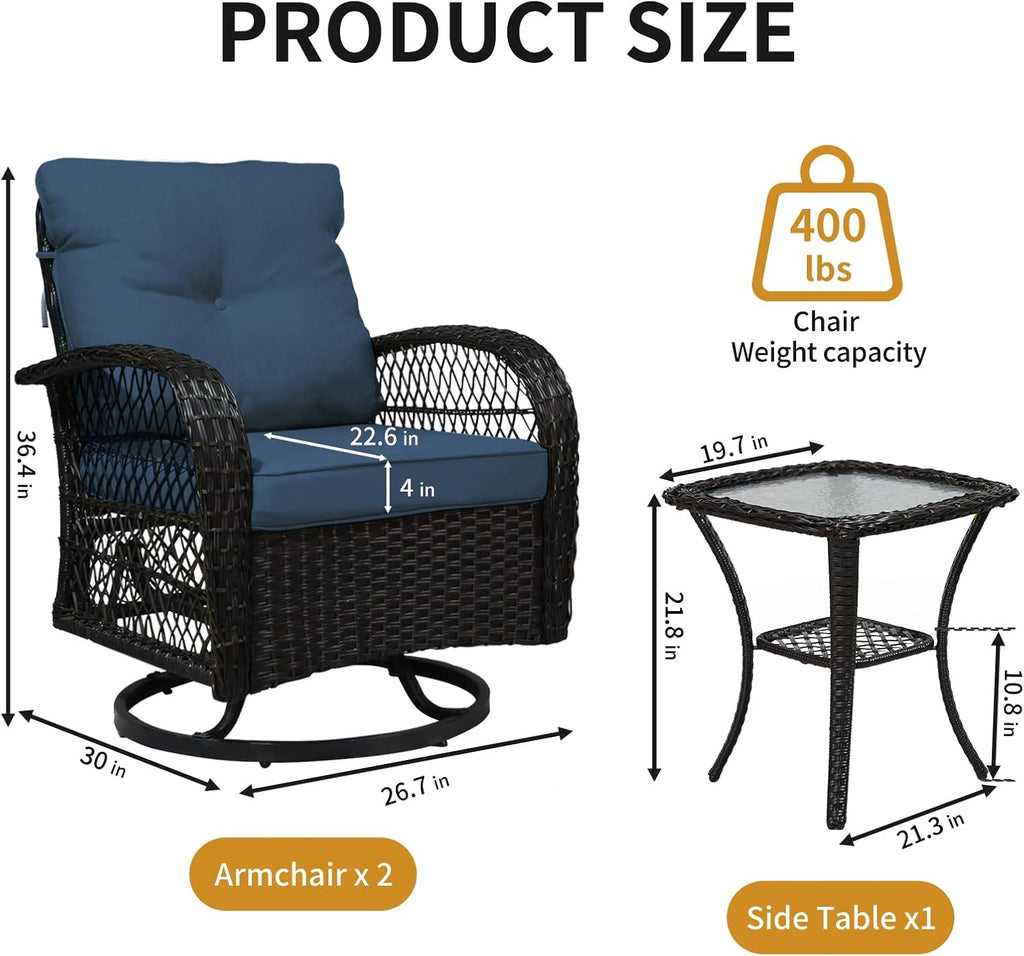 YLGJ&TIDY 3 Pieces Outdoor Swivel Rocker Patio Chair Set Wicker Patio Swivel Chairs with Side Table Cushions High Back Front Porch Rocking Chairs for Patio Balcony Backyard Deck, Blue