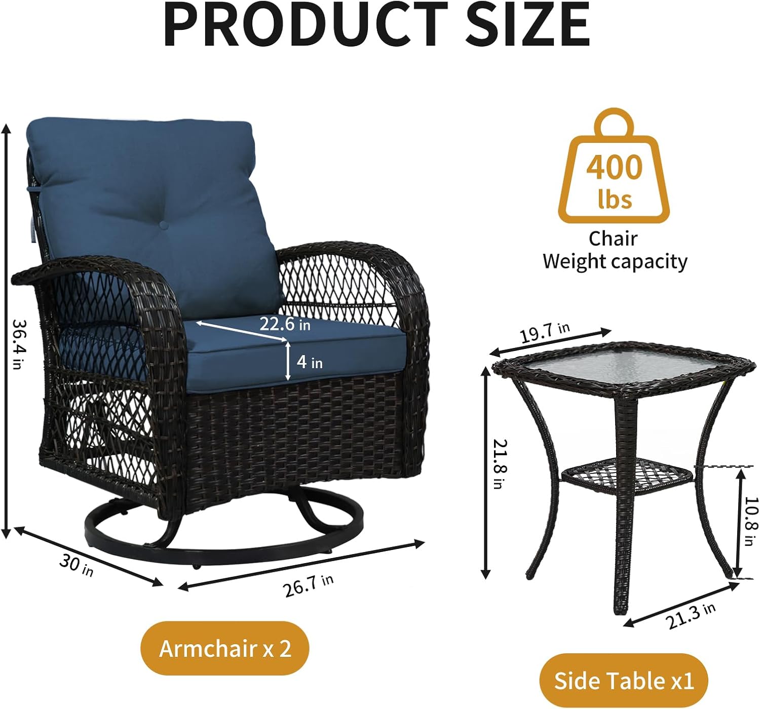 YLGJ&TIDY 3 Pieces Outdoor Swivel Rocker Patio Chair Set Wicker Patio Swivel Chairs with Side Table Cushions High Back Front Porch Rocking Chairs for Patio Balcony Backyard Deck, Blue