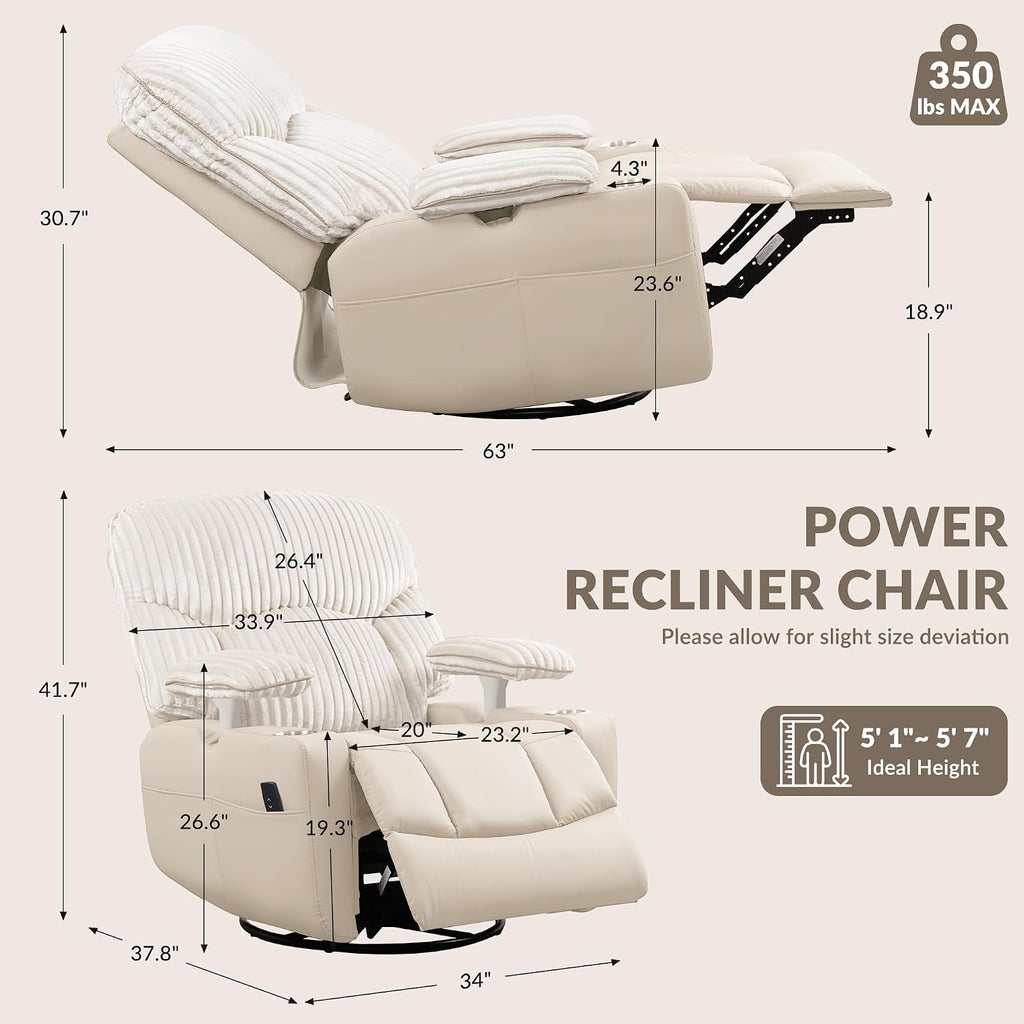 SUNWAVE Power Nursery Rocking Chair with Adjustable Armrests, Nursing Chair with USB, Cup Holders, Swivel Rocker Recliner with Corduroy and PU Leather Fabric
