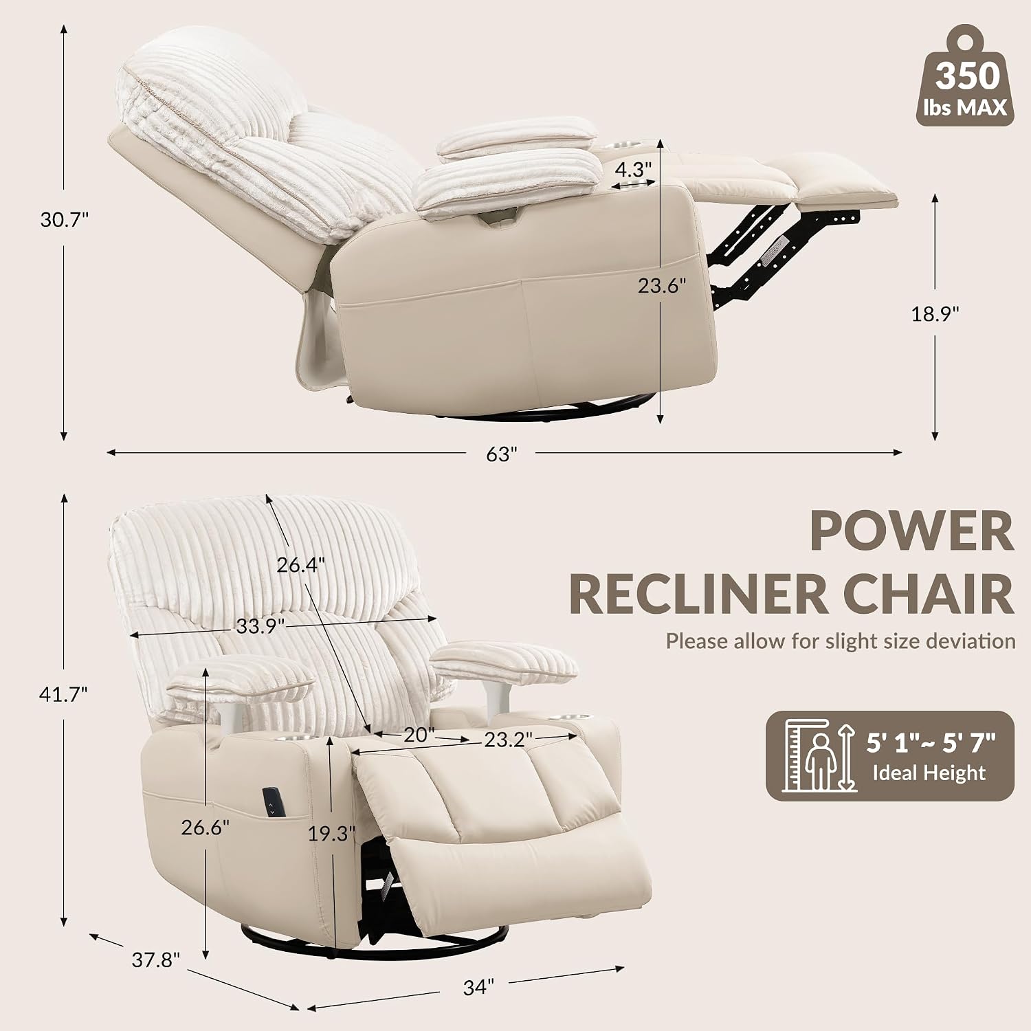 SUNWAVE Power Nursery Rocking Chair with Adjustable Armrests, Nursing Chair with USB, Cup Holders, Swivel Rocker Recliner with Corduroy and PU Leather Fabric