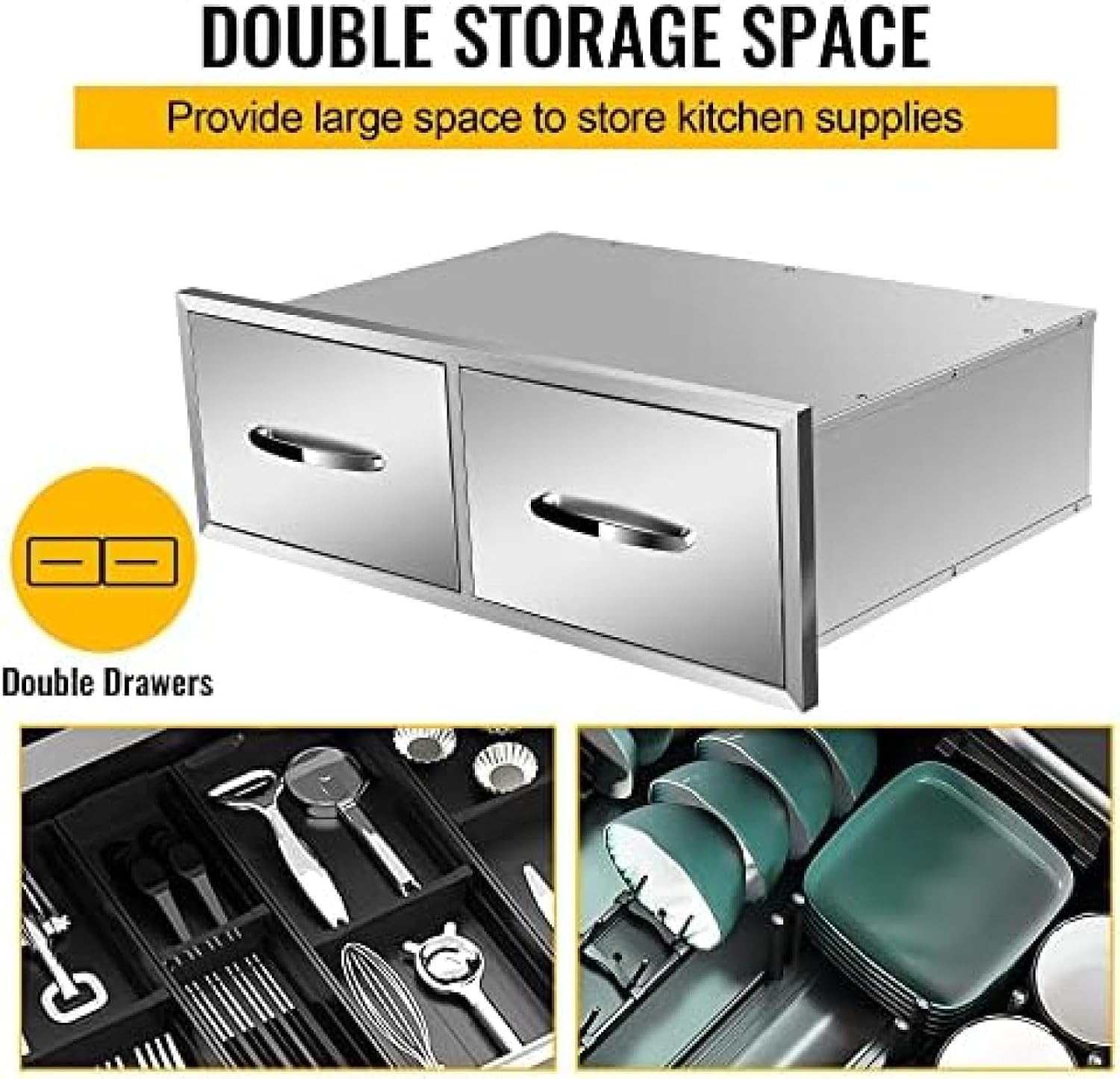 Outdoor Kitchen Drawer BBQ Drawer Outdoor Kitchen Access Drawers Horizontal- Stainless Steel Double Drawers for Outdoor Kitchen Grilling Station Or BBQ Island,30Wx20Dx10H