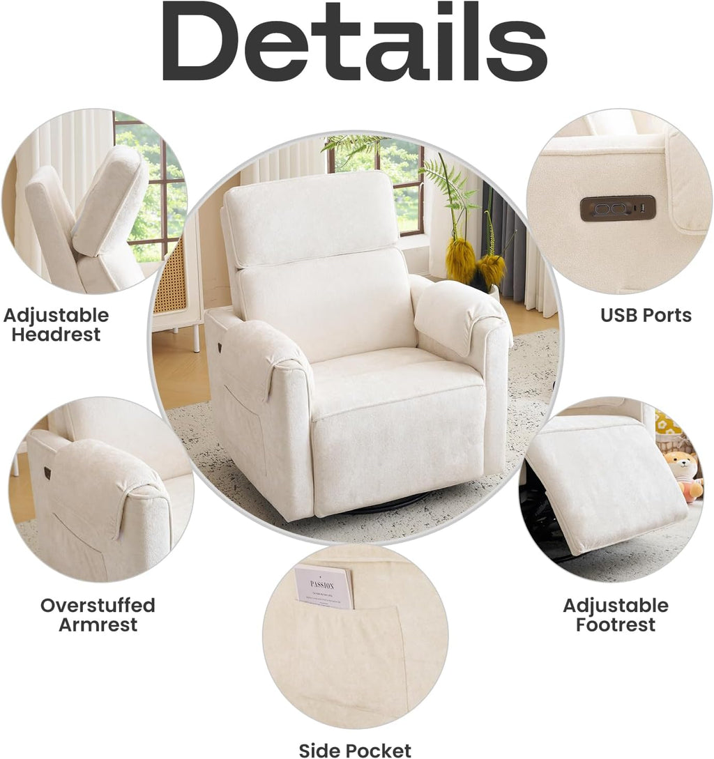 Oversized Power Recliner Chair Swivel Glider with Adjustable Headrest, 26' Extra Wide Glider Nursery Chair with Overstuffed Armrest, USB Ports, Chenille Fabric, Cream